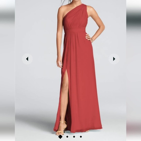 Davids Bridal NWT long one shoulder crinkle chiffon bridesmaid dress apple red 6 - Picture 10 of 10